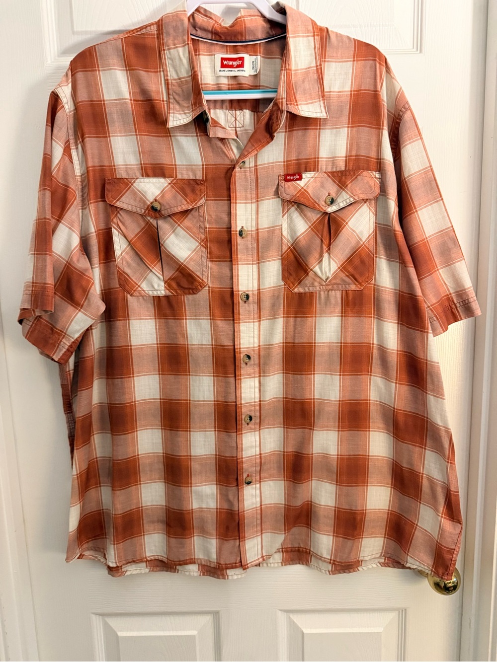 Wrangler Orange and Cream Plaid Short-Sleeve Button-Down Shirt
